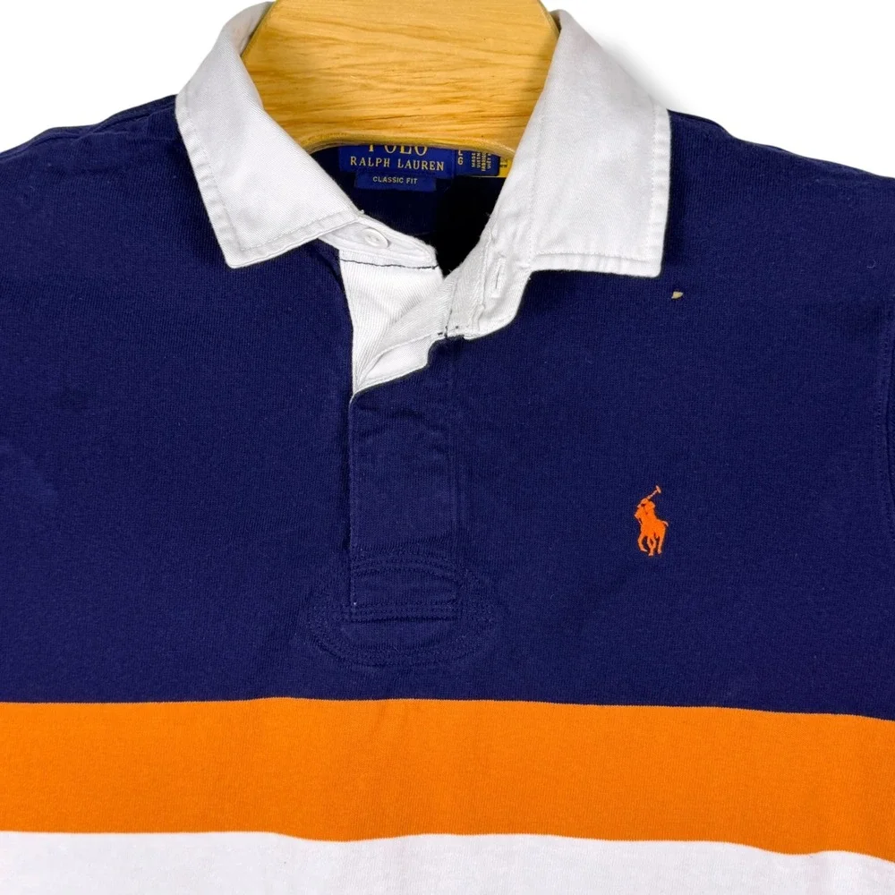 Polo Ralph Lauren Rugby Shirt Mens L Navy Blue Orange Stripe Pony Classic Fit
